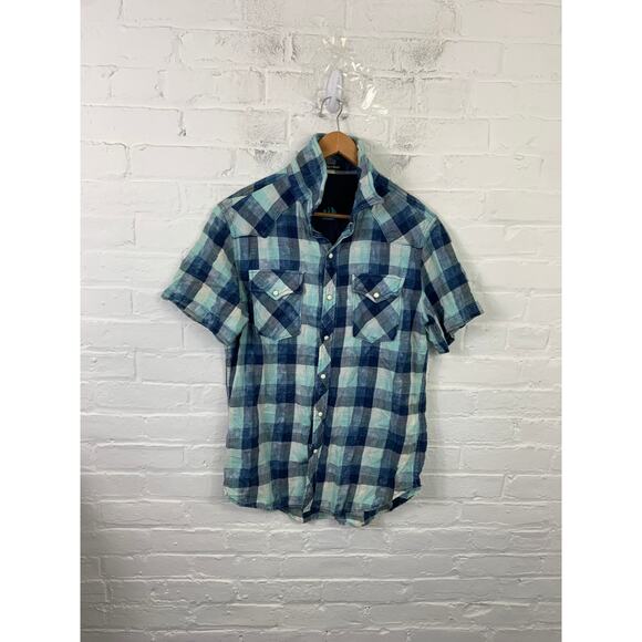 Chip Foster Men's Plaid Flannel Button-Up Shirt Short Sleeve Blue Size Medium - Picture 1 of 5